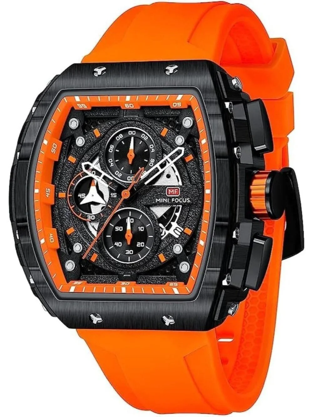 Men's Orange Silicon Strap Quartz Chronograph Waterproof Luminous Tonneau Watch